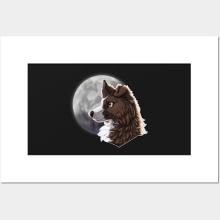 Brown Border Collie with Night Sky Full Moon Posters and Art